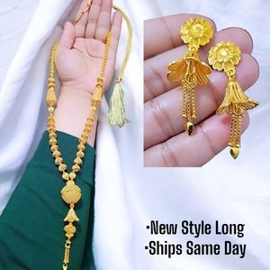 22k gold plated necklace, Indian long mala, Dubai gold jewelry, handmade jewelry